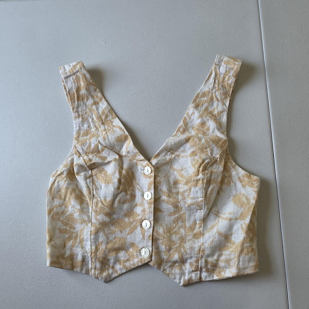 Abercrombie & Fitch Tank Top Womens Medium Beige Linen Floral Button Cropped